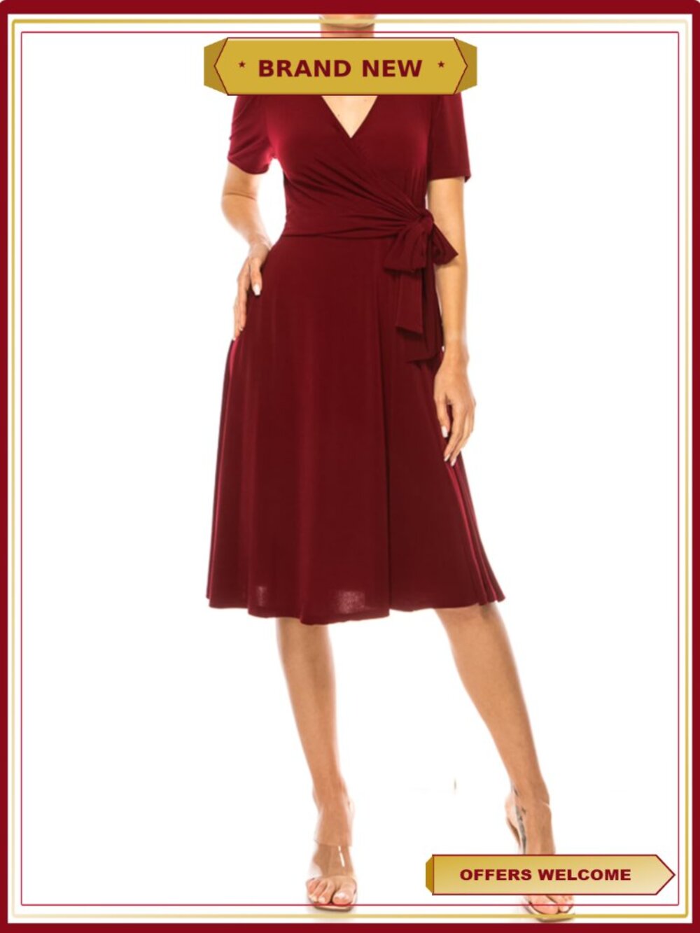 Faux Wrap Dress Deep V-Neck Solid Flattering Fit Versatile